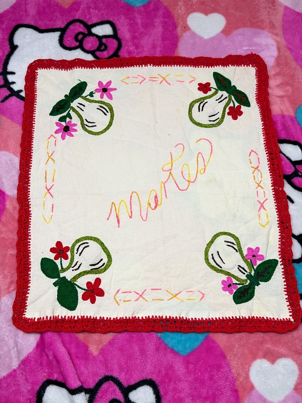Source Unknown Cream Embroidered Table Square with Red Trim and Green Accents